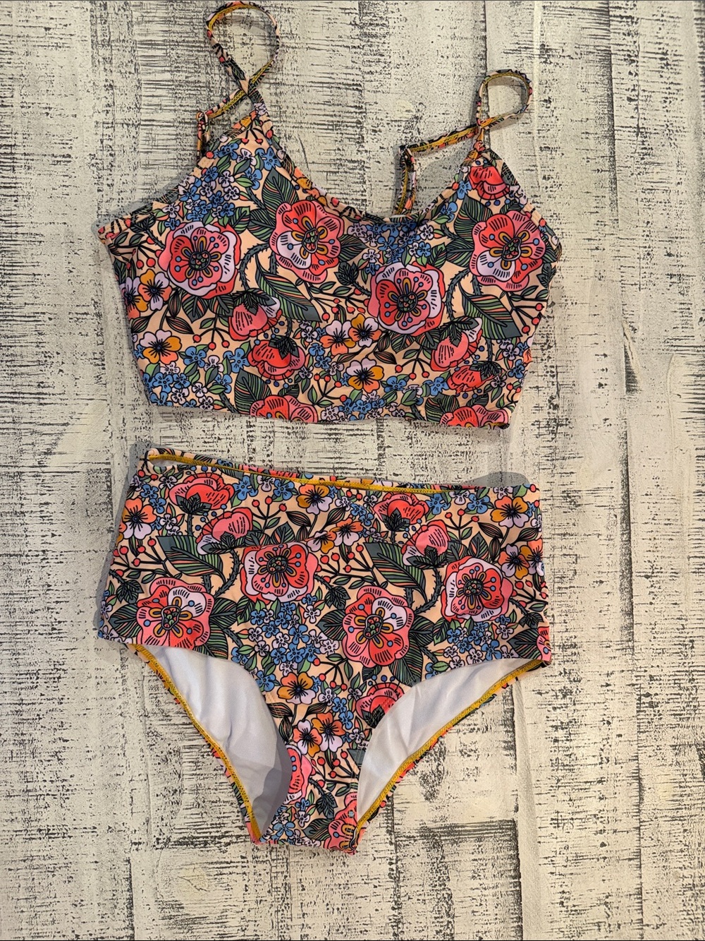 Floral High-Waist Bikini Set in Coral Pink